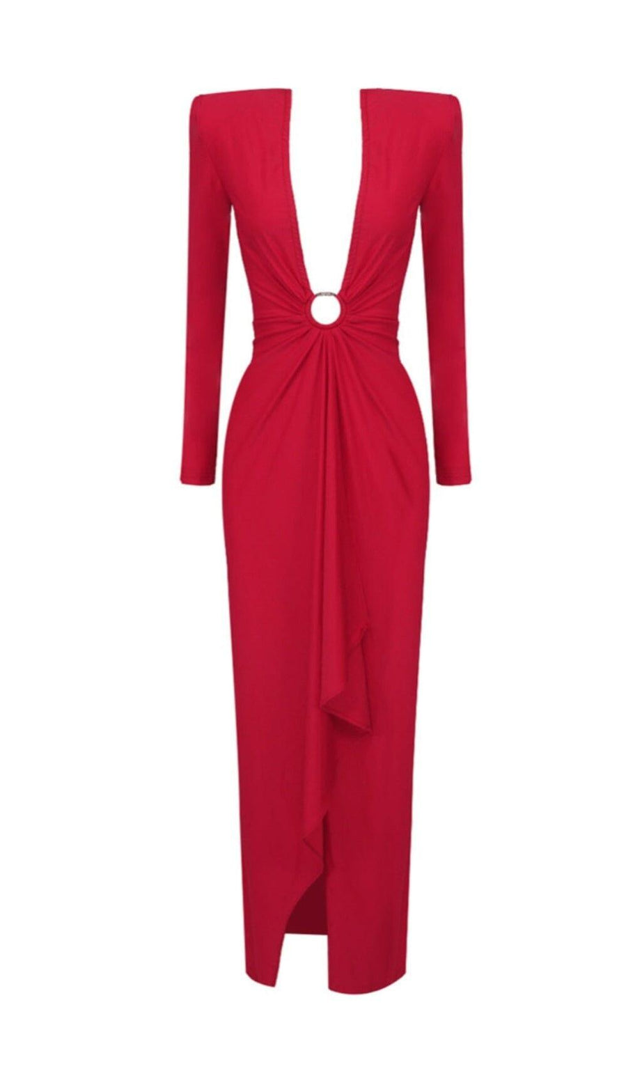 RED PLUNGE-NECK DRAPED GOWN