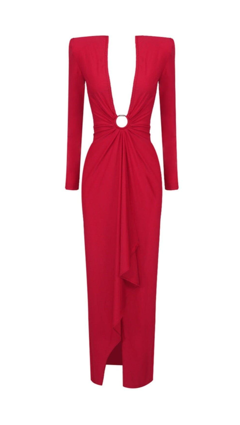 RED PLUNGE-NECK DRAPED GOWN