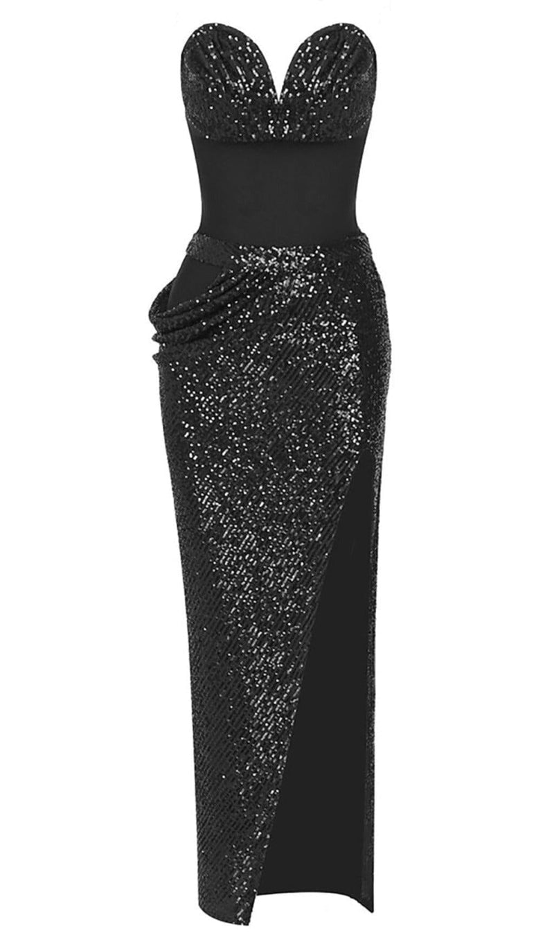 SHINY SEQUINS STRAPLESS TOP SPLIT SKIRTS