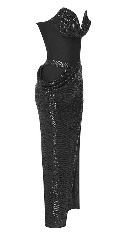 GLÄNZENDES TRÄGERLOSES TOP MIT PAILLETTEN UND GESPLITTETEN RÖCKEN