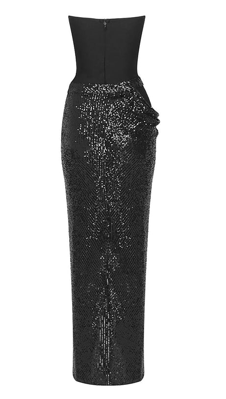 GLÄNZENDES TRÄGERLOSES TOP MIT PAILLETTEN UND GESPLITTETEN RÖCKEN