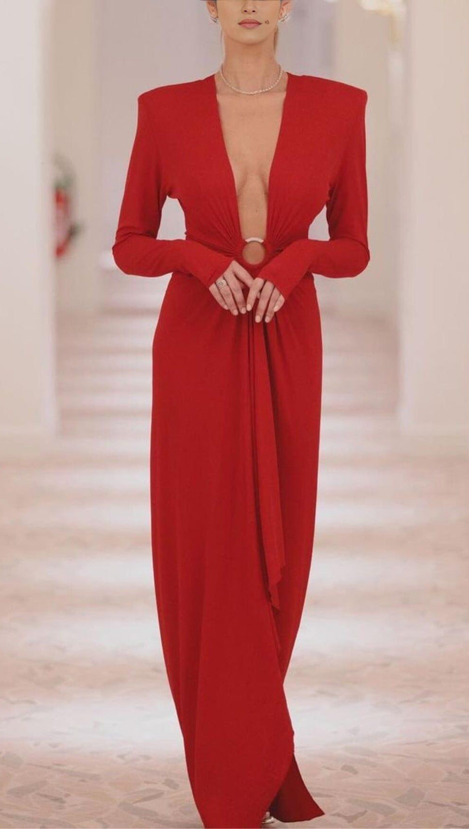 RED PLUNGE-NECK DRAPED GOWN