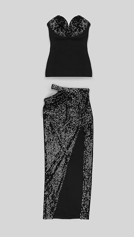 GLÄNZENDES TRÄGERLOSES TOP MIT PAILLETTEN UND GESPLITTETEN RÖCKEN