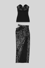 SHINY SEQUINS STRAPLESS TOP SPLIT SKIRTS