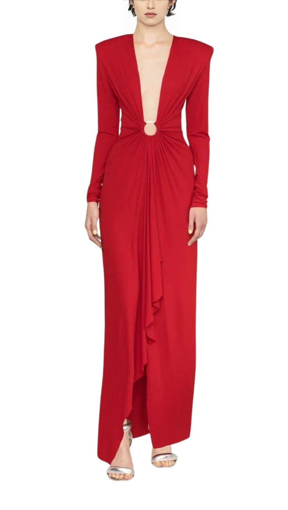 RED PLUNGE-NECK DRAPED GOWN