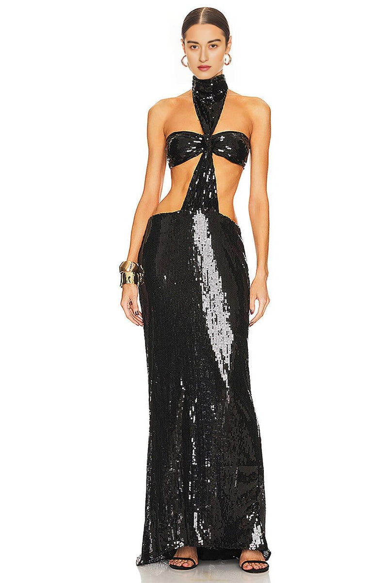 SHINY SEQUINS HALTER MAXI DRESS