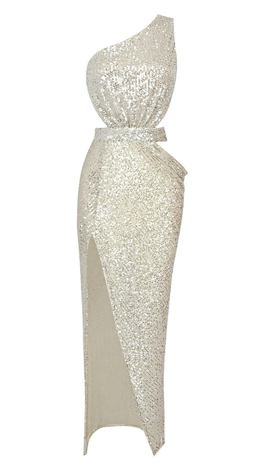 ONE-SHOULDER SEQUINS CUT OUT SPLIT MAXI DRESS