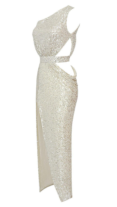 ONE-SHOULDER SEQUINS CUT OUT SPLIT MAXI DRESS