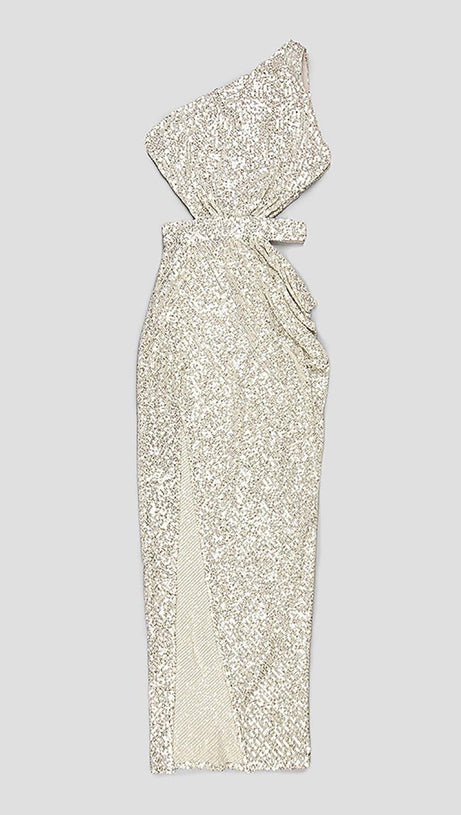 ONE-SHOULDER SEQUINS CUT OUT SPLIT MAXI DRESS