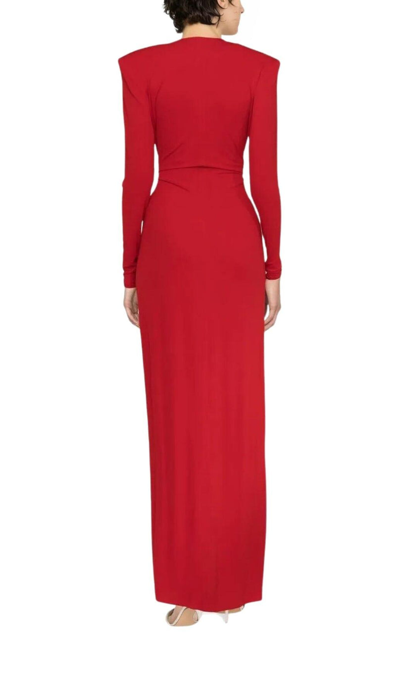 RED PLUNGE-NECK DRAPED GOWN