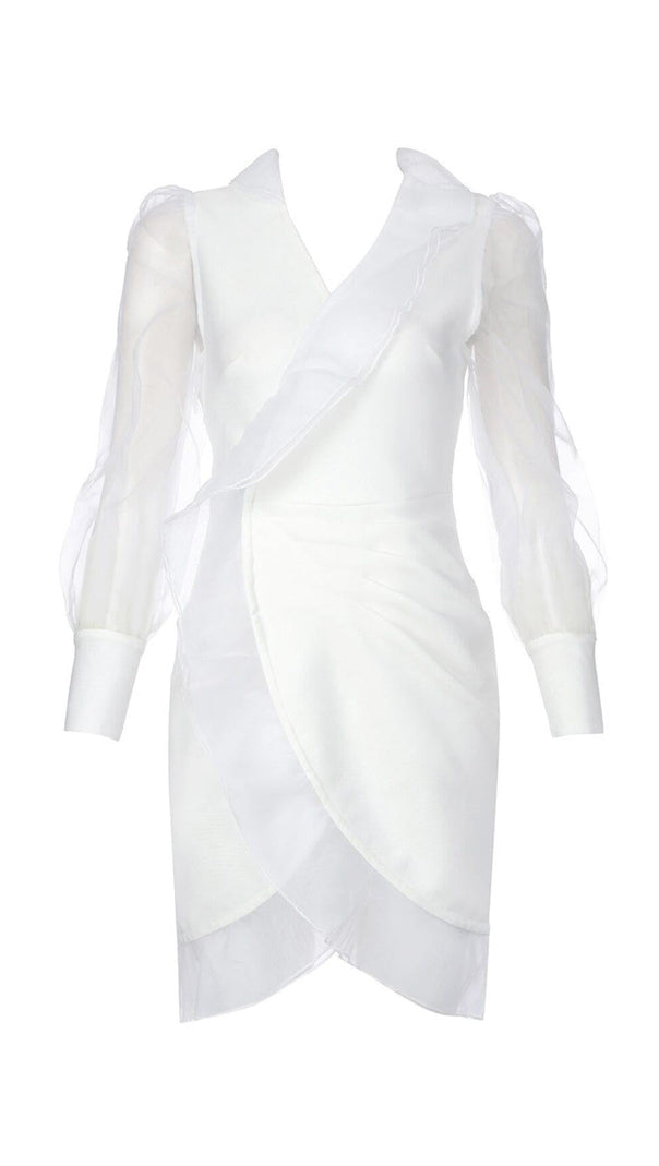 AIIZIE SOLID MESH LONG SLEEVE RUFFLE MINI DRESS - product image