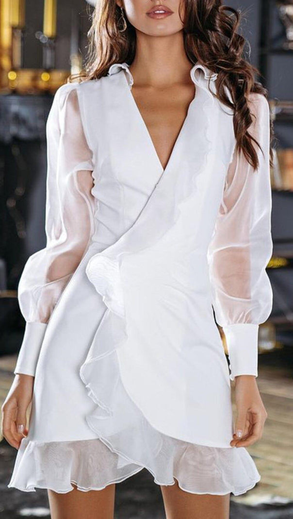 AIIZIE SOLID MESH LONG SLEEVE RUFFLE MINI DRESS - product image