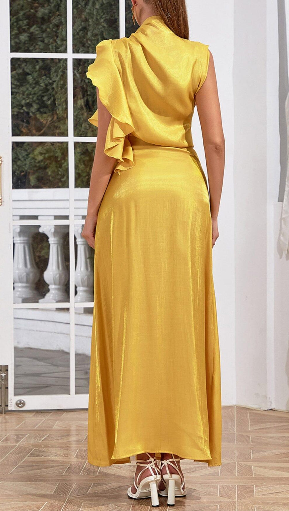 YELLOW MOCK NECK RUFFLE TRIM DRAPED DETAIL SATIN DRESS