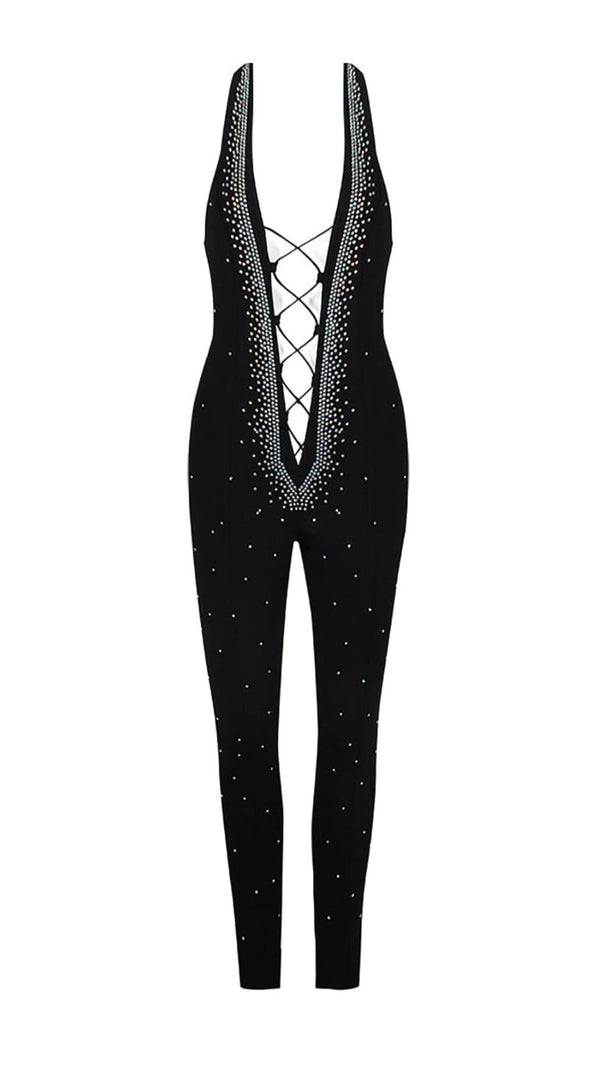 AIIZIE HALTER NECK CRYSTAL BACKLESS JUMPSUITS IN BLACK - product image