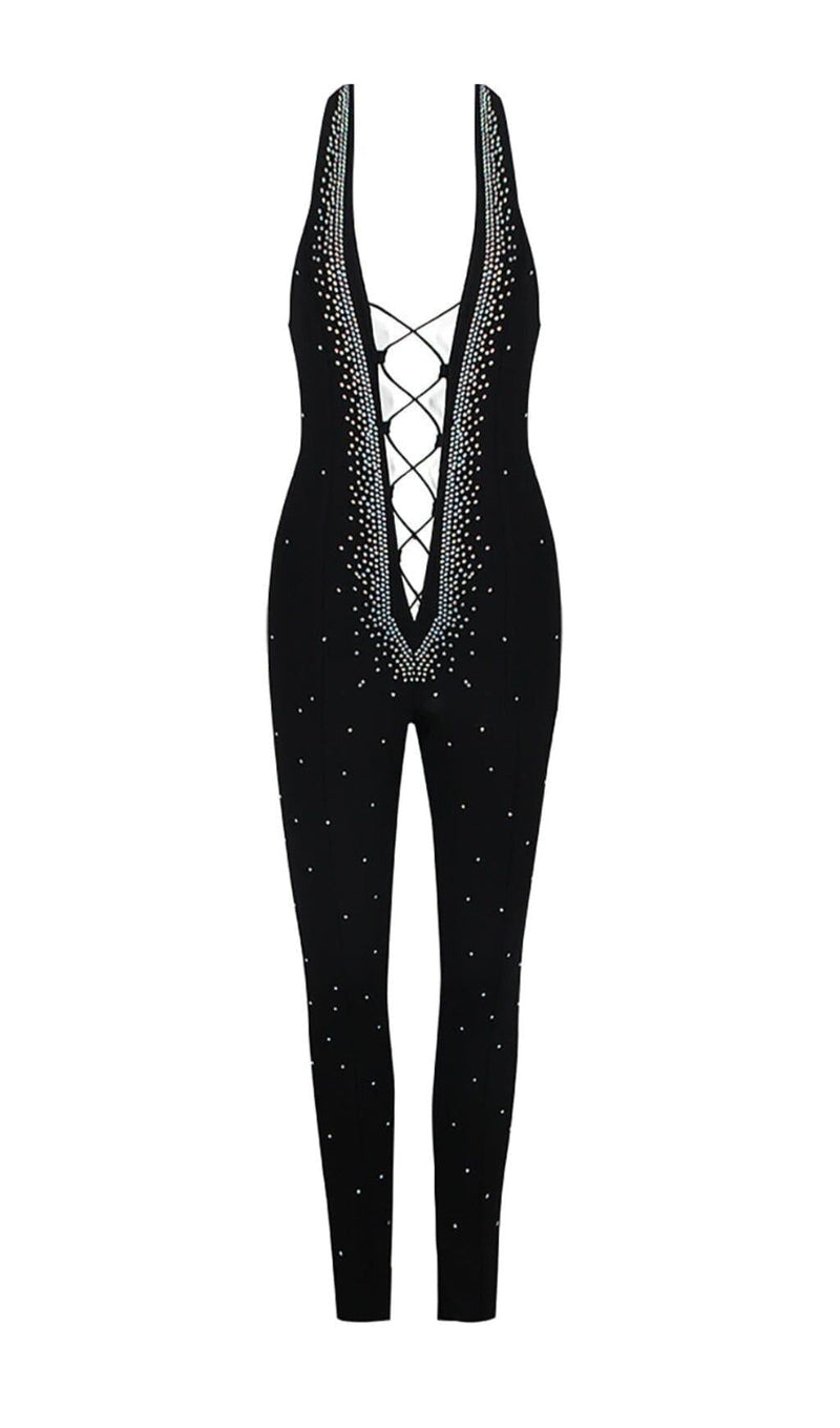 HALTER NECK CRYSTAL BACKLESS JUMPSUITS IN BLACK