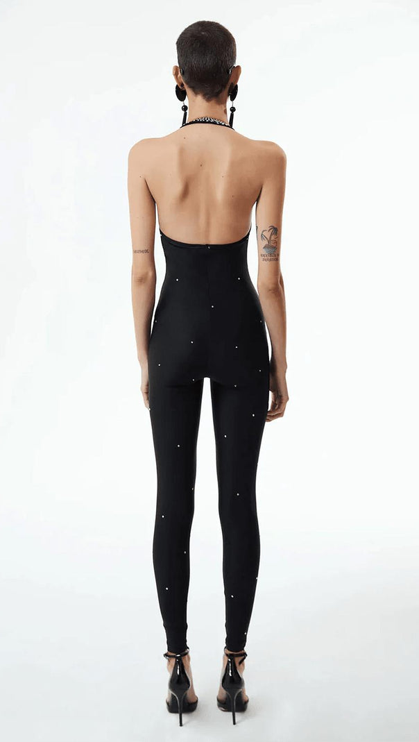 AIIZIE HALTER NECK CRYSTAL BACKLESS JUMPSUITS IN BLACK - product image