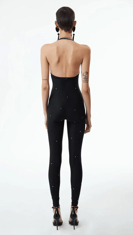 Neckholder-Overall mit Kristallen und Rückenfrei in Schwarz