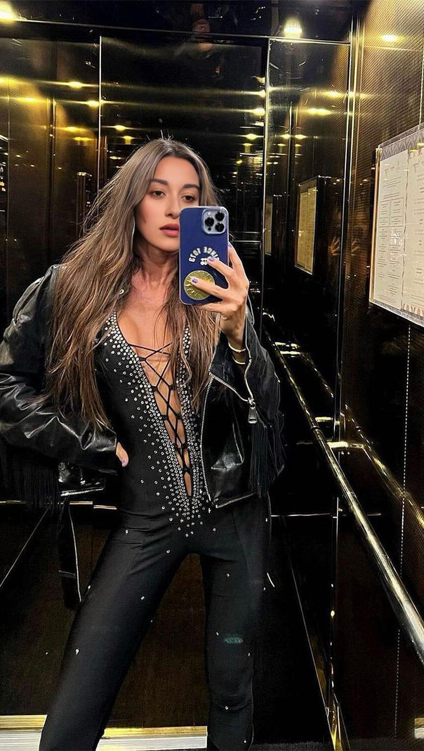 AIIZIE HALTER NECK CRYSTAL BACKLESS JUMPSUITS IN BLACK - product image