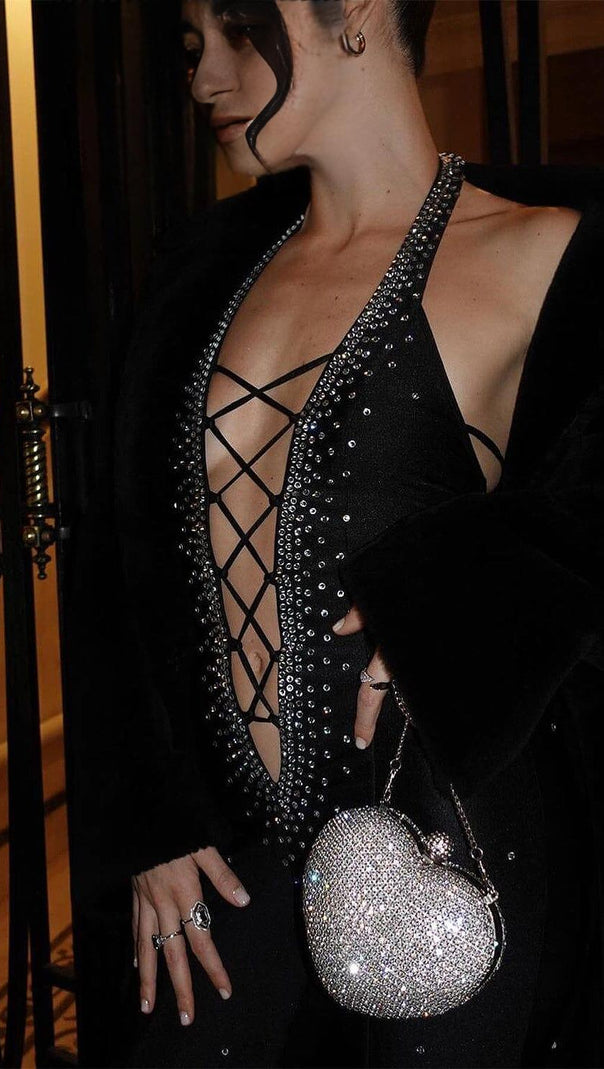 AIIZIE HALTER NECK CRYSTAL BACKLESS JUMPSUITS IN BLACK - product image