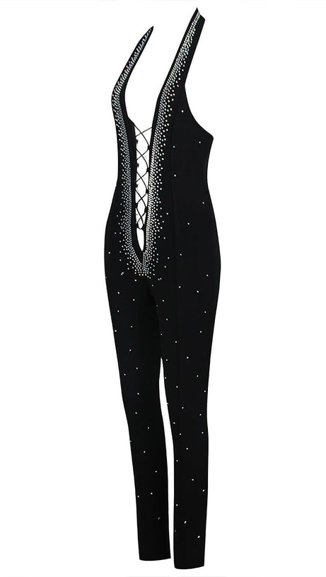 Neckholder-Overall mit Kristallen und Rückenfrei in Schwarz