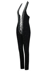 HALTER NECK CRYSTAL BACKLESS JUMPSUITS IN BLACK