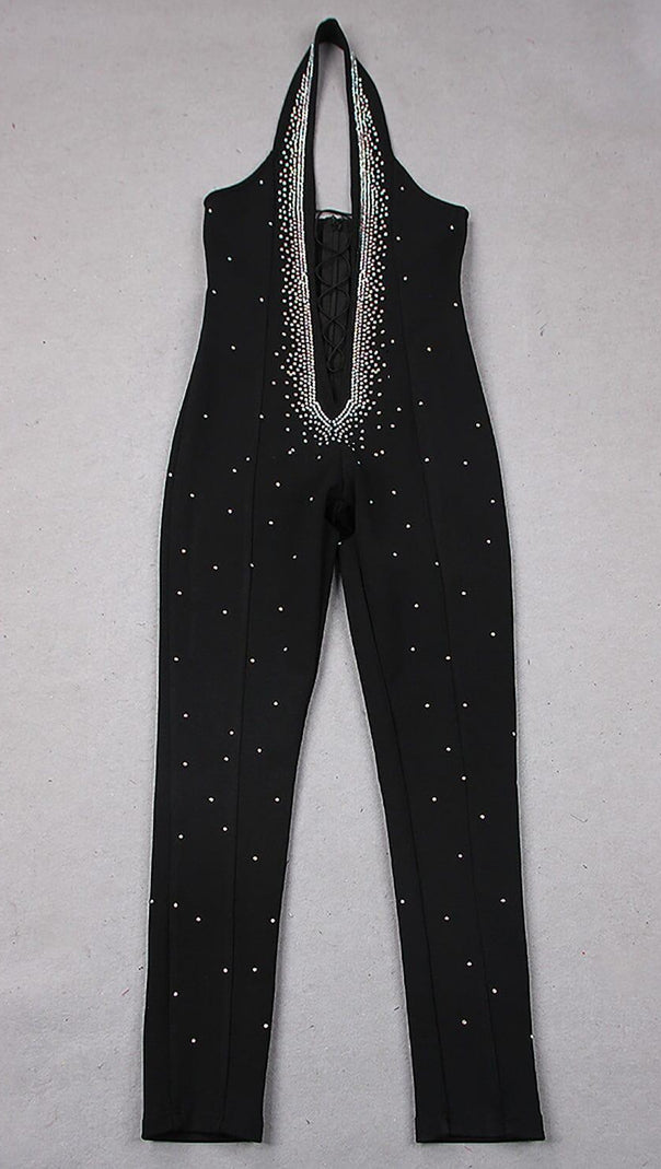 Neckholder-Overall mit Kristallen und Rückenfrei in Schwarz
