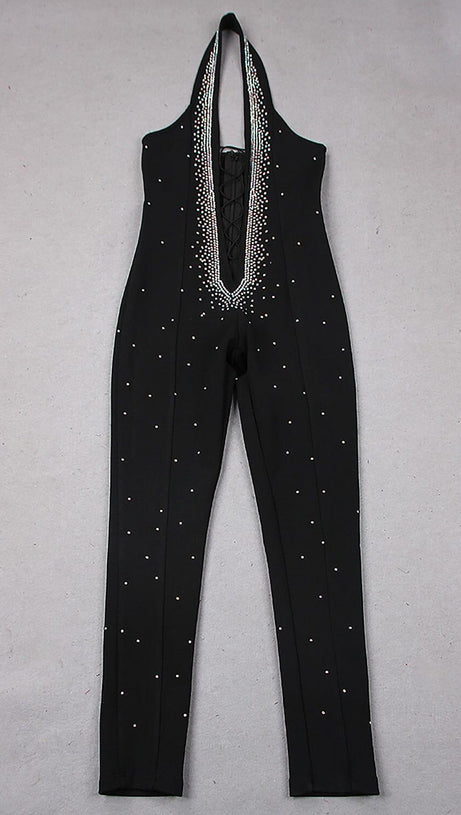 Neckholder-Overall mit Kristallen und Rückenfrei in Schwarz