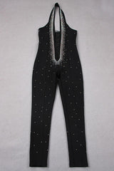 HALTER NECK CRYSTAL BACKLESS JUMPSUITS IN BLACK