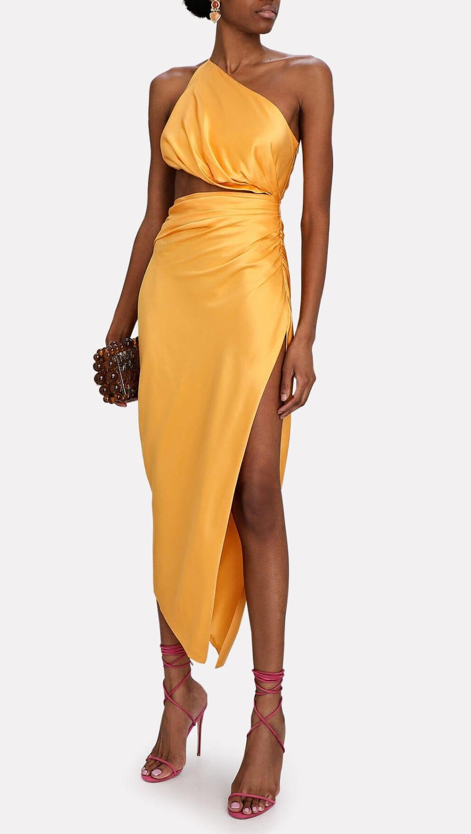 ONE-SHOULDER SILK SATIN MIDI DRESS IN YELLOW