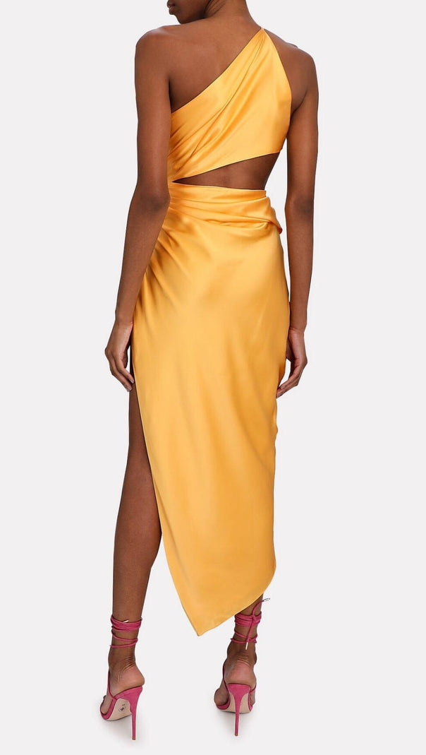 AIIZIE ONE-SHOULDER SILK SATIN MIDI DRESS IN YELLOW - product image
