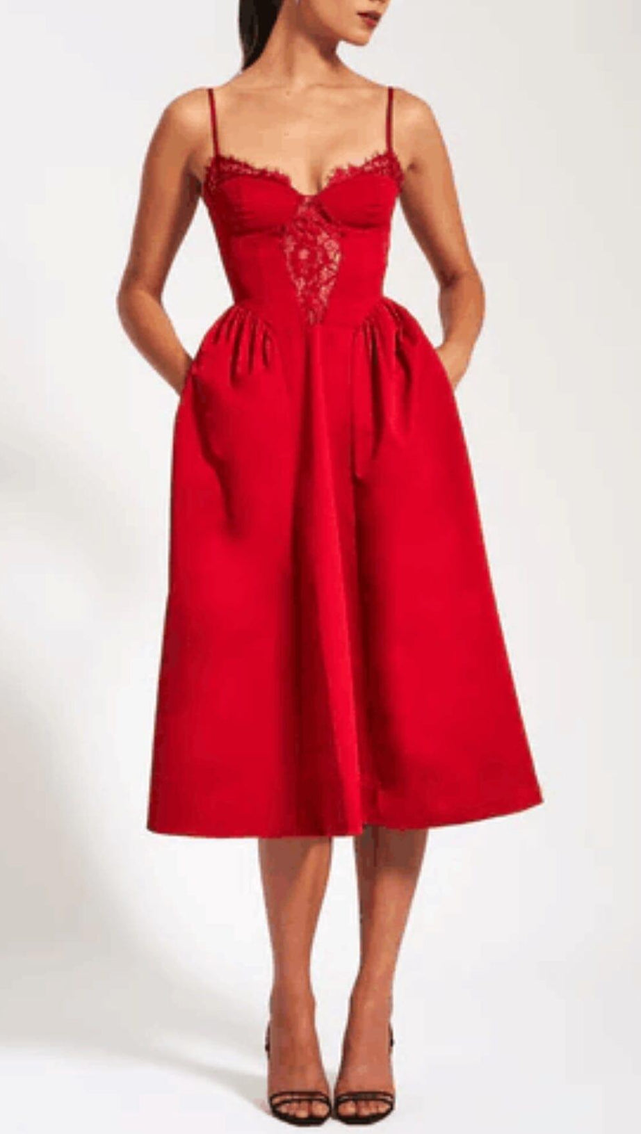 RED LACE TRIM MIDI DRESS