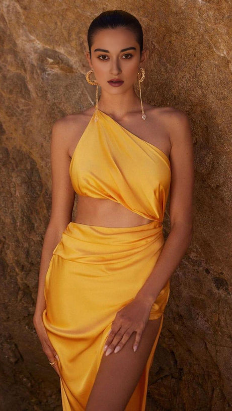 ONE-SHOULDER SILK SATIN MIDI DRESS IN YELLOW