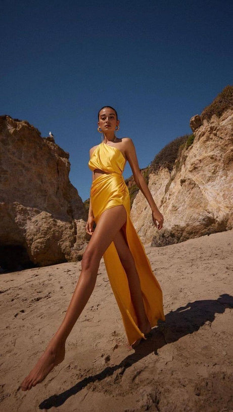 ONE-SHOULDER SILK SATIN MIDI DRESS IN YELLOW