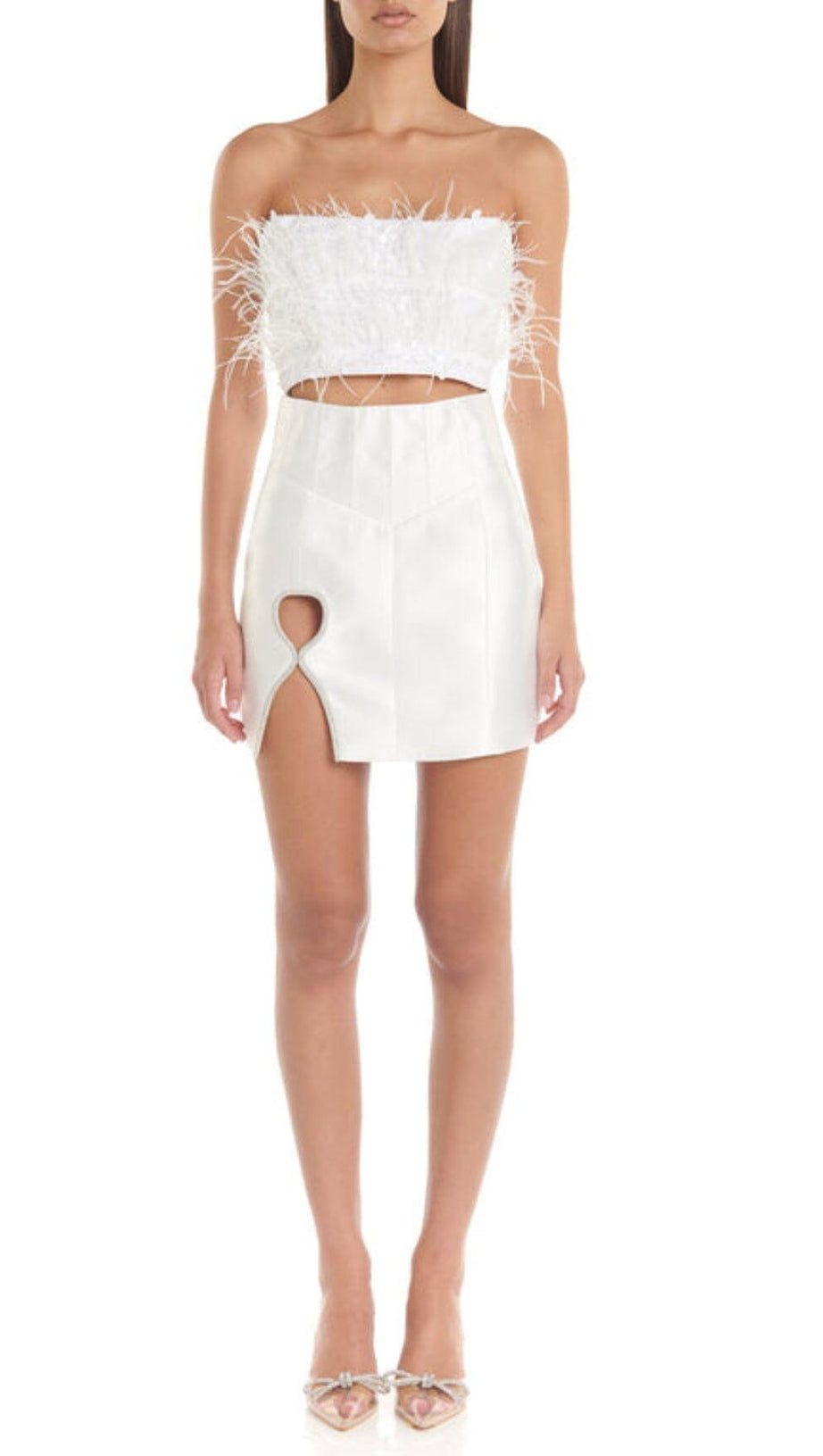 MINI ABITO BIANCO CON TAGLIO A PIUME