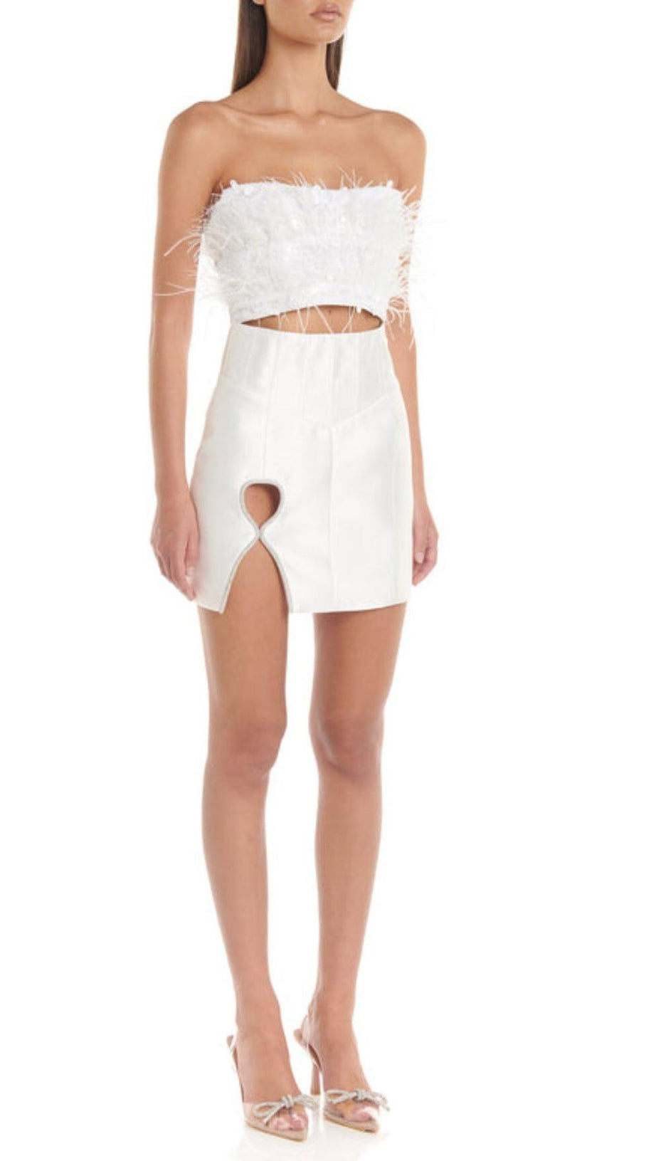 MINI ABITO BIANCO CON TAGLIO A PIUME
