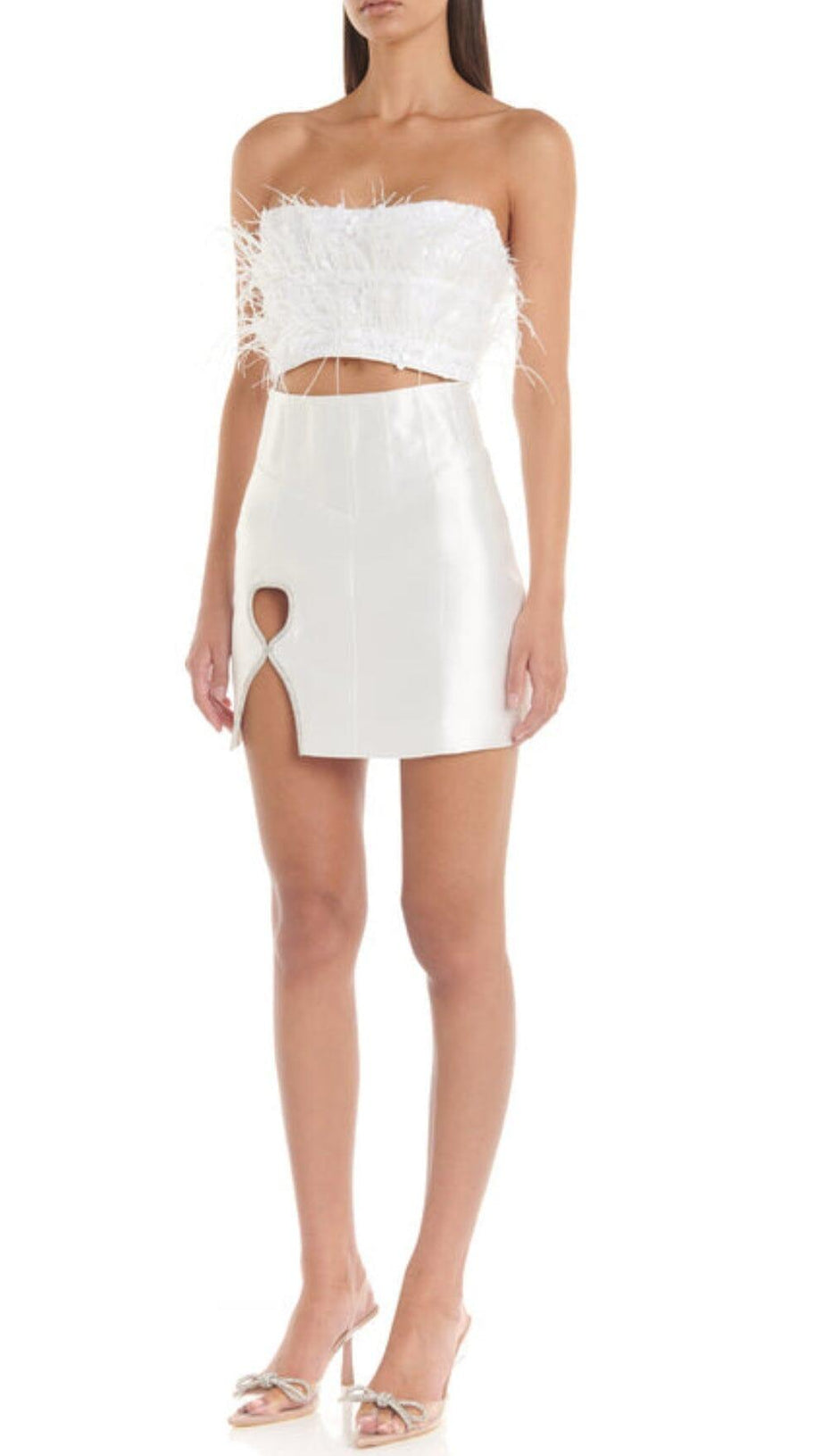 MINI ABITO BIANCO CON TAGLIO A PIUME