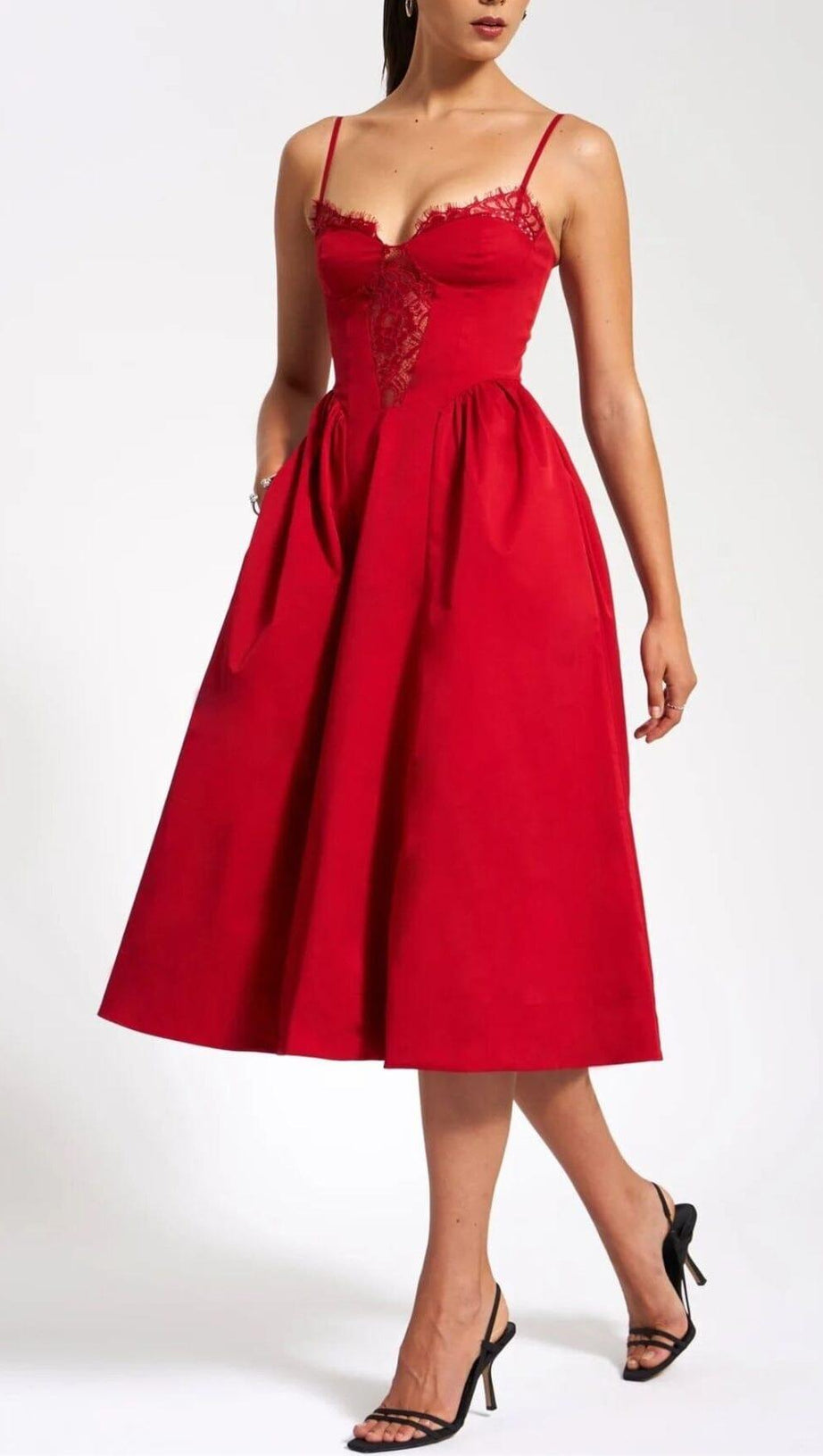 RED LACE TRIM MIDI DRESS