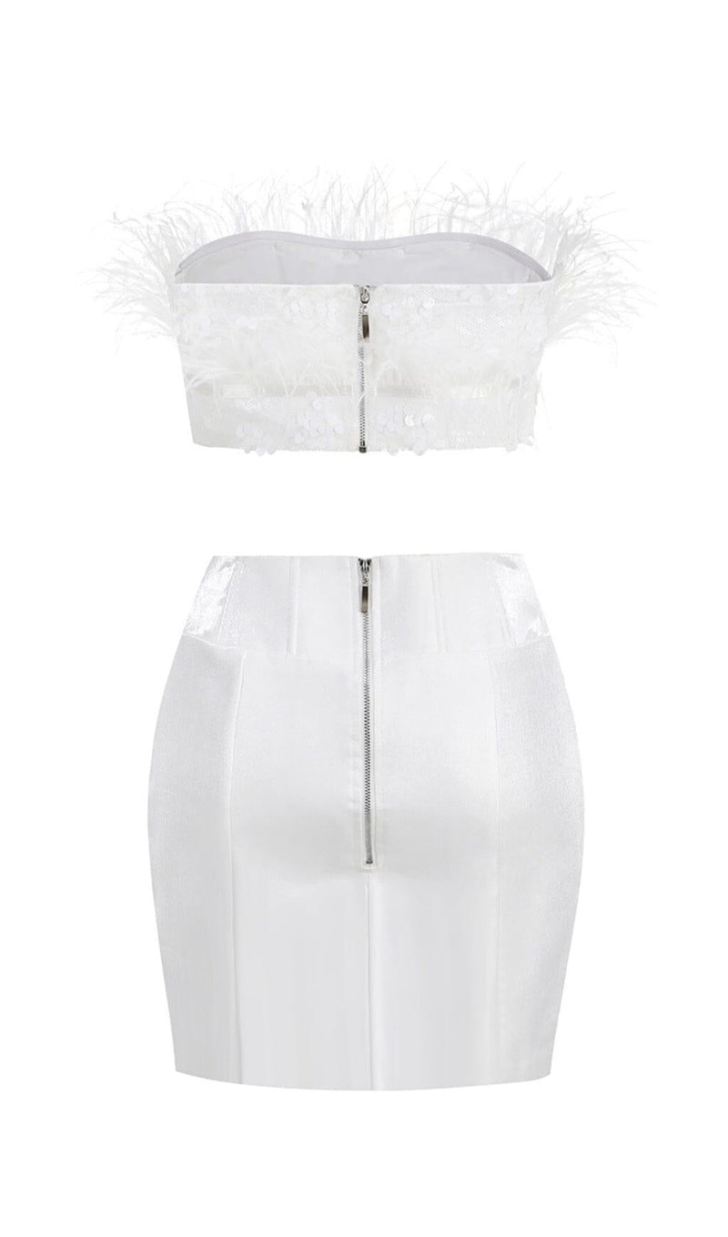 FEATHER CUTOUT MINI DRESS IN WHITE