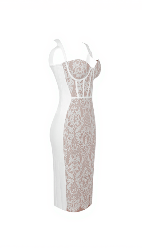 FINBAR PATCHWORK LACE BANDAGE DRESS IN WHITE