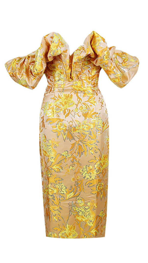 AIIZIE JACQUARD OFF SHOULDER MIDI DRESS IN YELLOW - product image