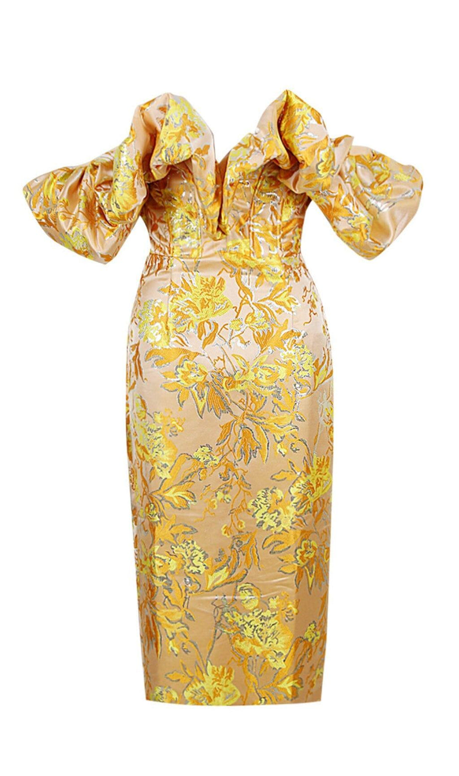 ABITO MIDI JACQUARD CON SPALLE SCOPERTE GIALLO