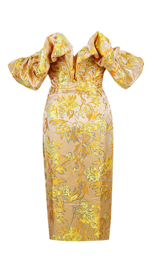 JACQUARD OFF SHOULDER MIDI DRESS IN YELLOW