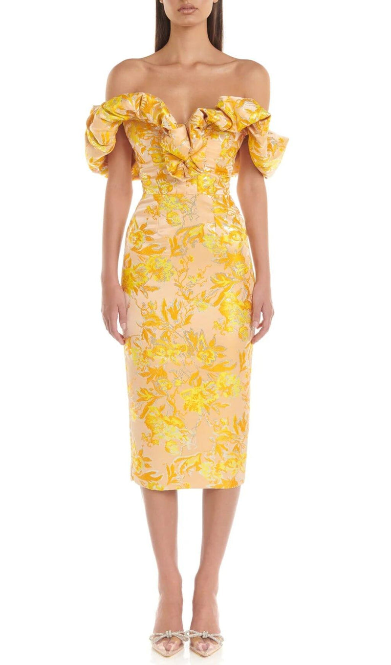 JACQUARD OFF SHOULDER MIDI DRESS IN YELLOW