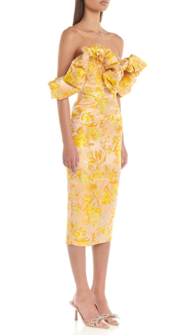 AIIZIE JACQUARD OFF SHOULDER MIDI DRESS IN YELLOW - product image