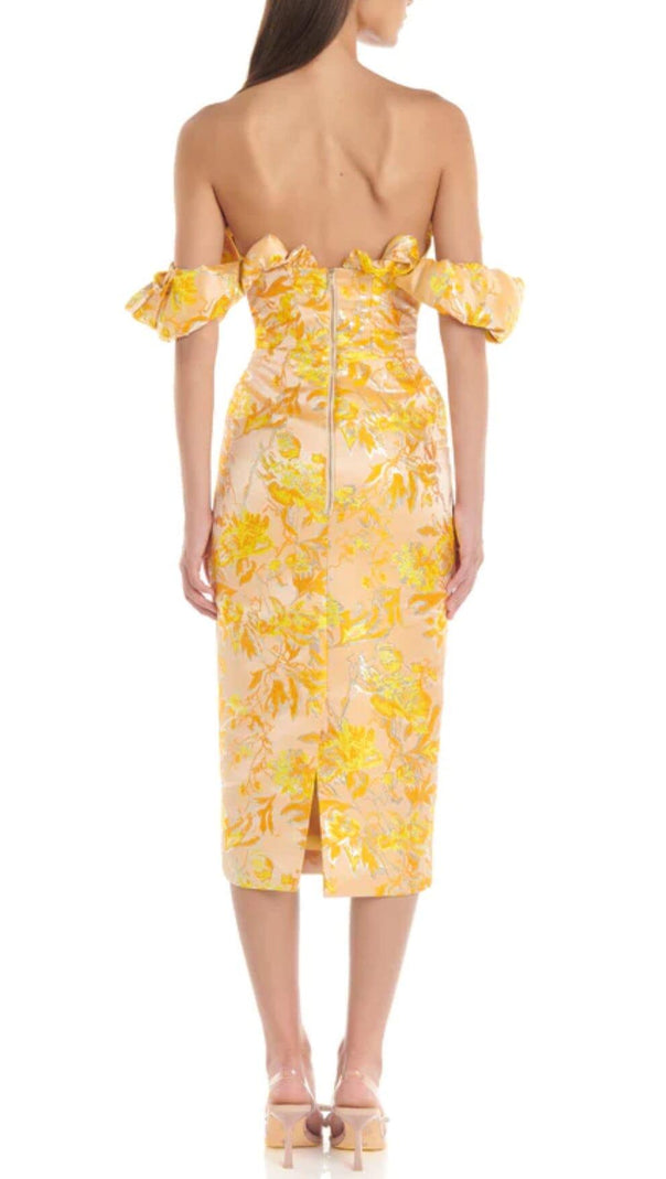 AIIZIE JACQUARD OFF SHOULDER MIDI DRESS IN YELLOW - product image