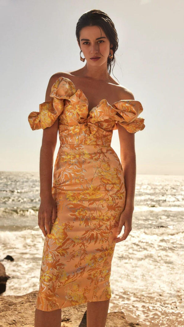 AIIZIE JACQUARD OFF SHOULDER MIDI DRESS IN YELLOW - product image