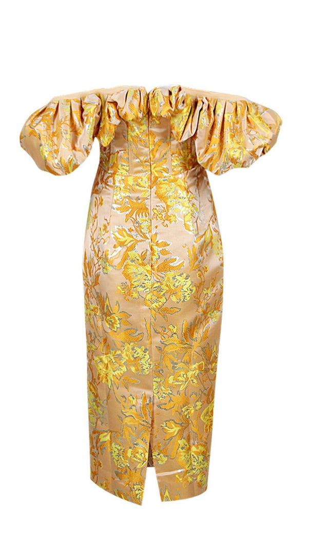 AIIZIE JACQUARD OFF SHOULDER MIDI DRESS IN YELLOW - product image