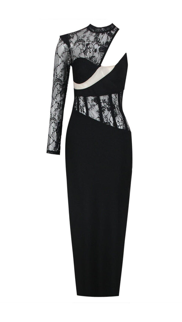 AIIZIE LACE ONE SHOULDER MIDI DRESS IN BLACK - product image