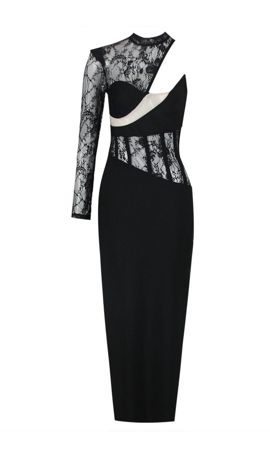 ABITO MIDI IN PIZZO MONOSPALLA NERO