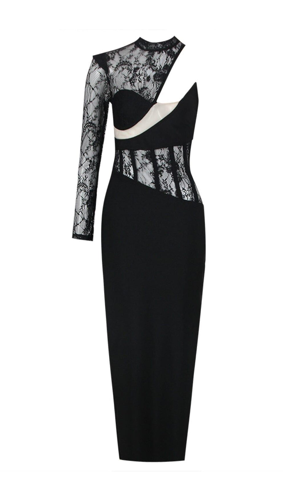 MIDIKLEID AUS SPITZE MIT EINER SCHULTER IN SCHWARZ